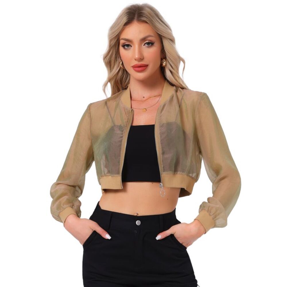 Bomber Jacket Long Sleeve Crop Mesh Sheer Jackets Khaki